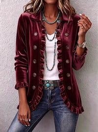 Amara | Wine Red Velvet Ruffle Cardigan Jacket