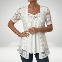 Prudence™ — White lace blouse with short sleeves for feminine elegance