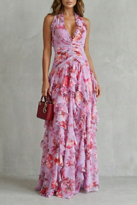 Belladina – Romantic Rose Cascade – Halter Maxi Dress