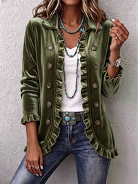 Marguerite | Army Green Velvet Ruffle Cardigan Jacket