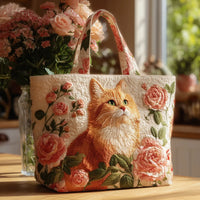 Quilted Tote Bag - Orange Cat with Roses