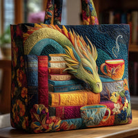 Quilted Tote Bag - Dragon Reader with Books and Mugs