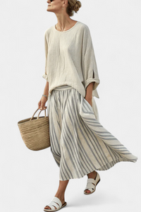 Bamboo Linen Blouse Set | Women's Striped Midi Skirt