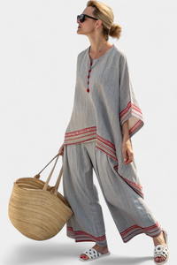 Ethnic Bamboo Linen Women's Set | Asymmetrical Blouse & Wide-Leg Pants