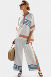 Blue-Orange Striped Top and Pants Set | Women's Outfit