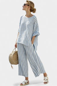 Blue Striped Linen Top and Relaxed Pants Set | Women's Outfit