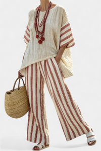 Elegant Striped Top & Cream Wide-Leg Pants Set | Women's Outfit