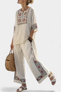Embroidered Blouse & Wide Pants Set | Women's Outfit