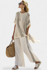 Ivory Linen Blouse & Black Striped Wide-Leg Pants Set | Women's Outfit