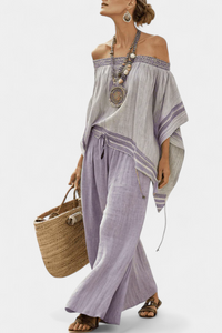 Off-Shoulder Striped Women's Set | Loungewear Two Piece Set