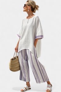 Relaxed Blouse & Striped Bamboo Pants Set | Women's Outfit