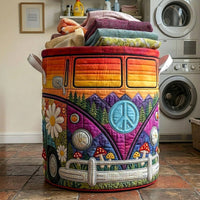 Priscilla Colorful Hippie Bus Quilted Laundry Basket