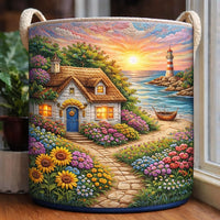 Geraldine Cottage & Lighthouse Scene Quilted Laundry Basket