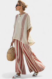 Textured Red-Stripe Top and Linen Pants Set | Women's Outfit