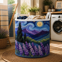 Starry Night Lavender Fields Fabric Quilted Laundry Basket